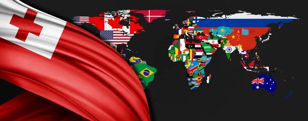 世界地图背景上的汤加丝绸旗 — 图库照片