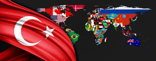 Bandeira Turquia Seda Fundo Mapa Mundial — Fotografia de Stock