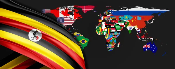 Oeganda Vlag Van Zijde Wereldkaart Achtergrond — Stockfoto