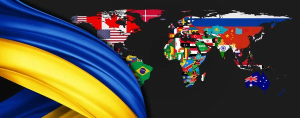 世界地図上の絹のウクライナの旗背景 — ストック写真