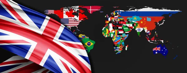 Regno Unito Bandiera Seta Sfondo Mappa Del Mondo — Foto Stock