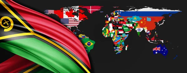 Vanuatu Bandiera Seta Sfondo Mappa Del Mondo — Foto Stock