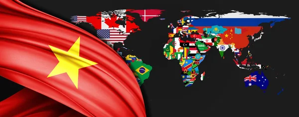 Vietnam Flag Silk World Map Background — Stock Photo, Image