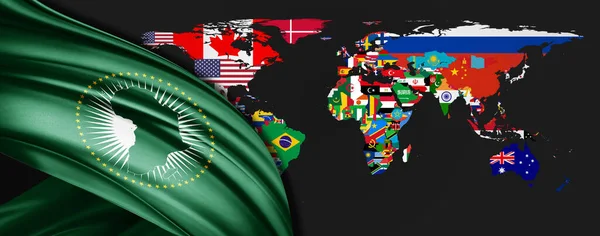 世界地図上の絹のアフリカ連合旗背景 — ストック写真