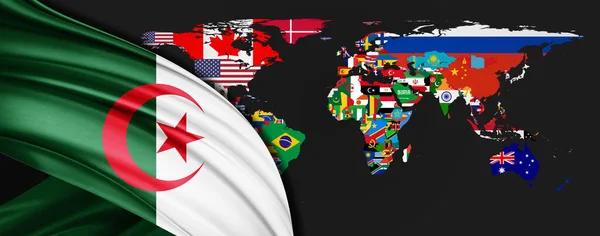 Argelia Bandera Seda Mapa Mundial Fondo — Foto de Stock