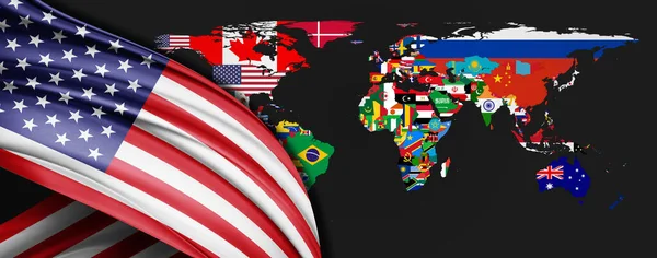 American flag of silk on world map background