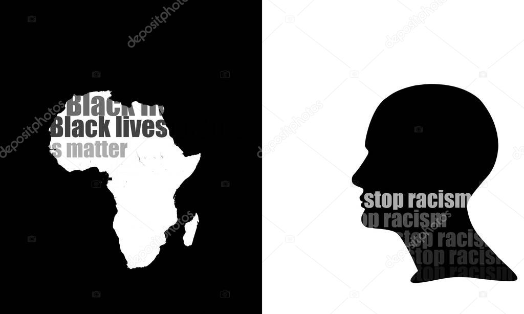 Protest poster about racism for human rights in the world, with human head, world map, black and white background