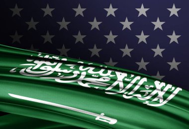 İpek Amerikan ve Suudi Arabistan bayrağı - 3D illüstrasyon.
