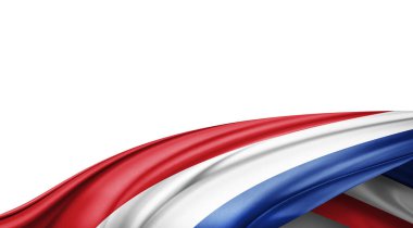 Beyaz arka planda Hollanda ipek bayrağı. 3B illüstrasyon