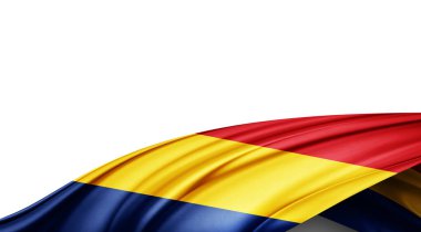 Beyaz arka planda Romanya ipek bayrağı. 3B illüstrasyon