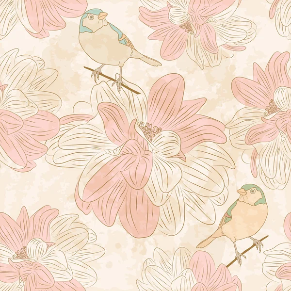 鳥とのシームレスな花柄 — ストックベクタ
