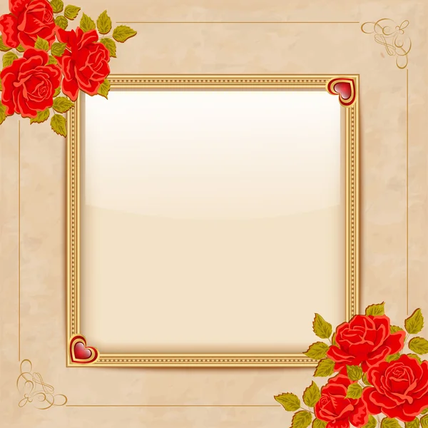 Vintage vector background with a gold frame and red roses. — Stock Vector