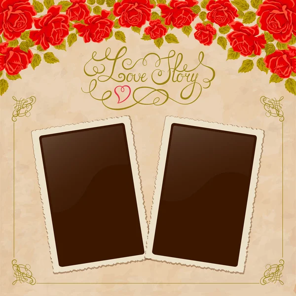 Page de l'album photo. Fond vintage avec vieux papier, cadre photo et roses rouges . — Image vectorielle