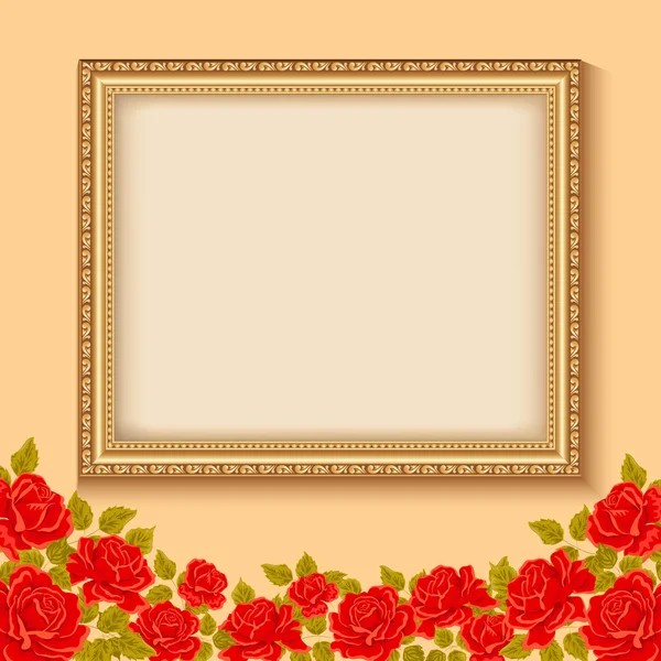 Fond vectoriel vintage avec un cadre doré et des roses rouges . — Image vectorielle