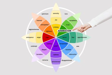 Hayranlık duygusu. Duyguların çarkı. İnsan psikolojisi. Kadın eli, takdir kelimesine işaret eder.