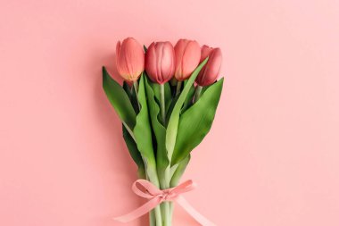 Pastel pembe kağıt arka planda bir buket güzel bahar lale çiçeği. Üst Manzara. Uluslararası Kadınlar Günü ya da Anneler Günü için tebrik kartı. Düz yatıyordu.