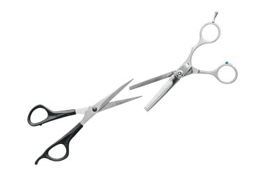 Beyaz arka planda izole edilmiş saç inceltme ve kesme için profesyonel makas