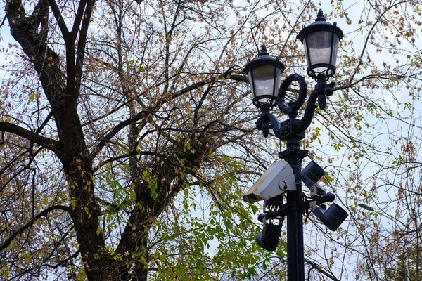 Retro Style Street Lamp Surveillance Camera Autumn Park — Stock Photo, Image