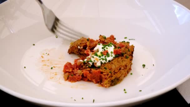 Eating Marbled Beef Tartare Egg Healthy Delicious Snack — Stock videók