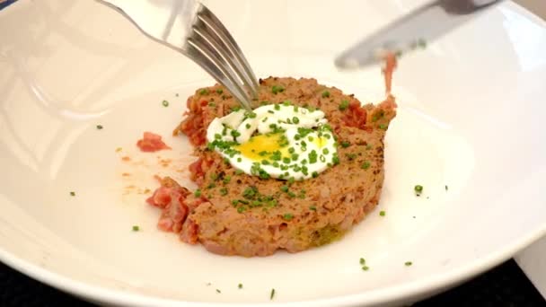 Marbled Beef Tartare Egg Healthy Delicious Snack — Stock video