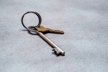 Soyut gri arkaplandaki bir yüzükteki iki eski anahtar. Seçici odaklanma. Harfler ve tasarım için boşluk