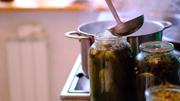 Elderly Man Pours Brine Prepared Cucumber Jars Homemade Preparations — Stock Video