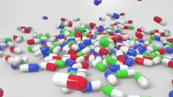 Tabletki Kapsułki Spadają Powierzchnię Model Animacji Przezroczysty Medycyna Ból Głowy — Wideo stockowe
