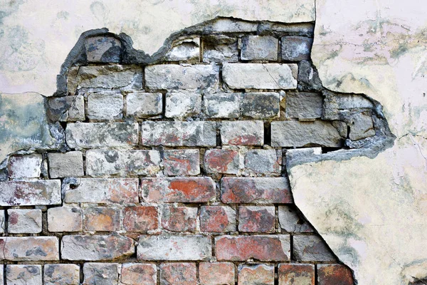 Brick background grunge texture. Stone red-gray brick wall. The wall of an old ruined brick building.Shabby building facade with damaged plaster. Abstract web banner. Copy space.