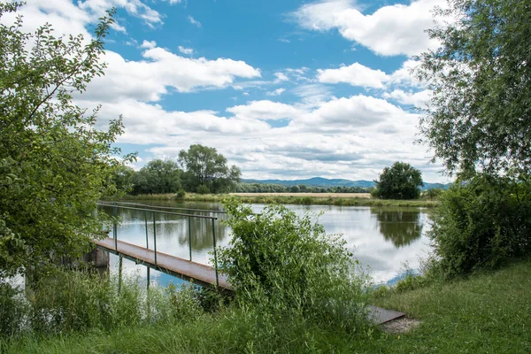 Banska Bystrica 斯洛伐克 树反映了水中的倒影 钓鱼的地方夏日阳光照在鱼塘上 — 图库照片