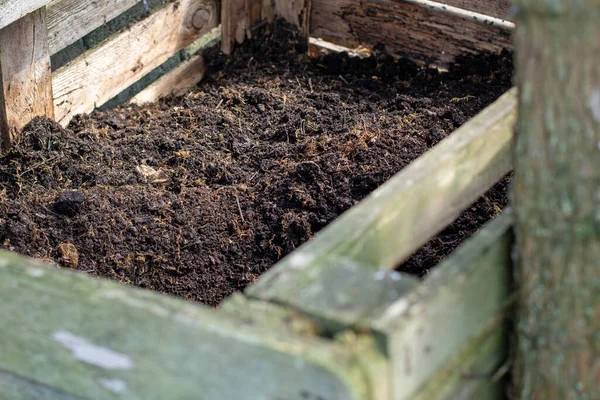 Contenitore Compost Legno Fatto Casa Nel Giardino Riciclaggio Compost Materiali — Foto Stock