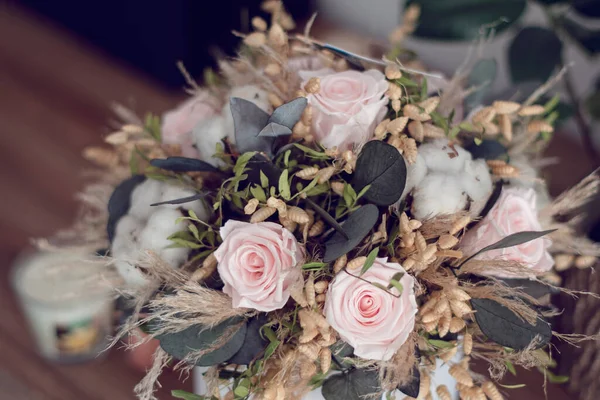 Decoración Flores Duradera Rosas Conservadas Con Flores Secas Ramo Primer — Foto de Stock