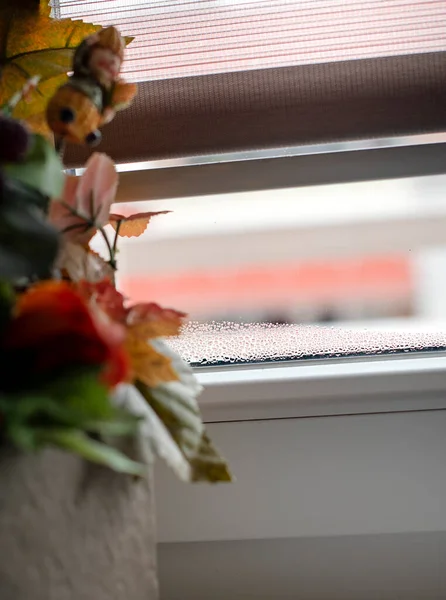 Selective focus on water condensation on window glass. Humidity in the house. Home moisture.