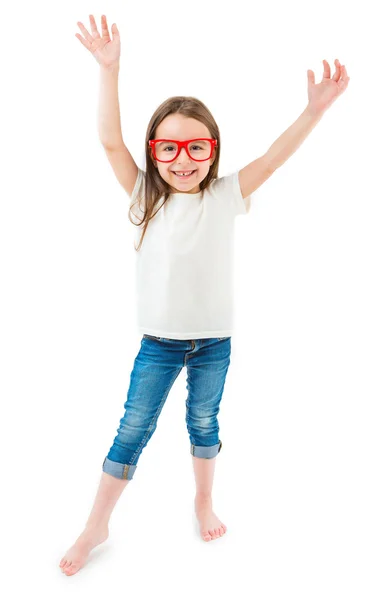 Gelukkige stemming kid in casual kleding witte t-shirt — Stockfoto