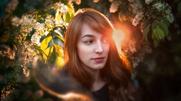 Female fascinating portrait among the blossoming tree. — Stock Photo, Image