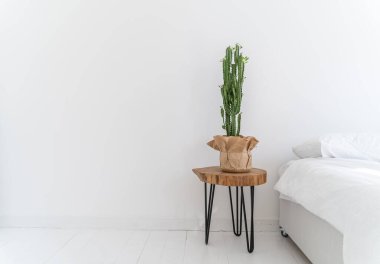 Beyaz, şık bir yatak odası. Yatay minimalist kompozisyonda kaktüs tahta masada duruyor. Boş beyaz kopya alanı. Temel tasarım. Kırsal ya da İskandinav tarzı. Temiz ve taze bir daire. 