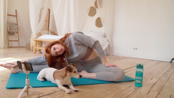 Hem Yoga Stretching Övningar Online Träning Med Hjälp Internet Tutorials — Stockvideo