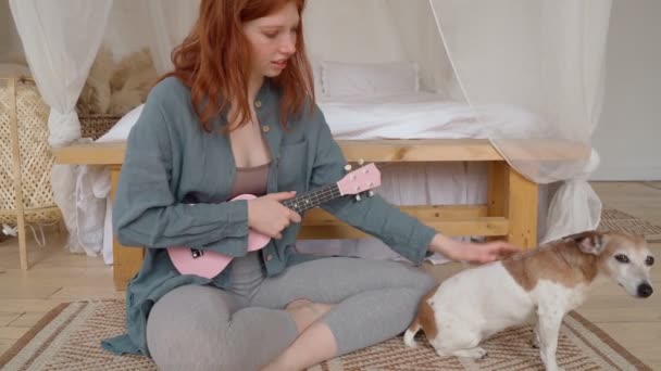 Hermosa Chica Pelirroja Con Ukelele Guitarra Pequeña Rosa Acariciando Con — Vídeos de Stock