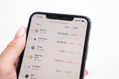 Elmalı Ipone X maksimum. Kadın parmağı, kripto para birimi bilgi analitik web sitesini işaret ediyor. Editörün video görüntüleri. Engelleme zinciri 