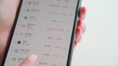 02.08.2021 Kyiv, Ukrayna. Apple Iphone X maksimum kadın eli. Şifreleme piyasası çevrimiçi rakamlar istatistik haberleri.  