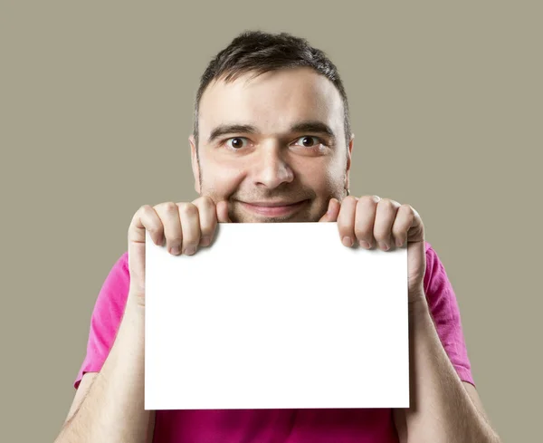 Homem feliz com cartaz branco — Fotografia de Stock