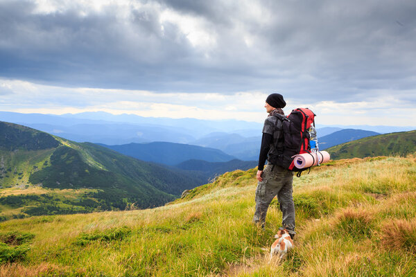 Hike journey lonely man on the mountain trails.