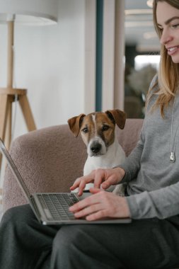 Kadın ve köpek dizüstü bilgisayarla çalışıyor. Hayvan kameraya bakıyor. Havaalanı iş salonunda bekliyor. Dikey kompozisyon. İnterneti ararken rahatladım. İnternet üzerinden alışveriş yapmak ya da çalışmak