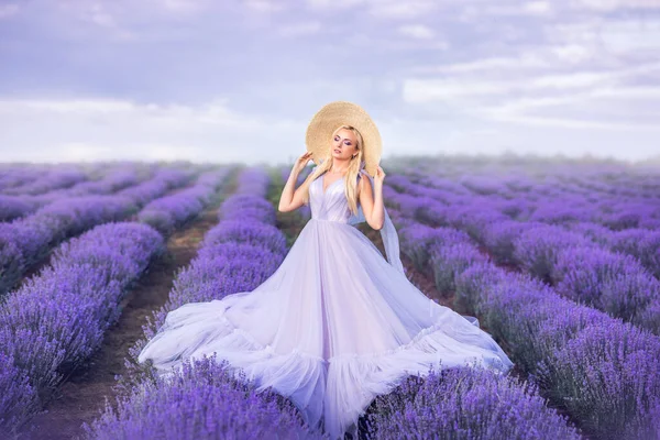 Красива Жінка Довгій Фіолетовій Сукні Фоні Лаванди Дівчина Вигляді Феї — стокове фото