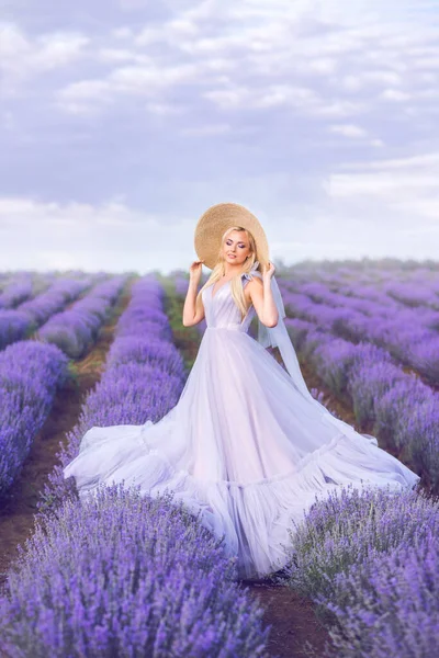 Красива Жінка Довгій Фіолетовій Сукні Фоні Лаванди Дівчина Вигляді Феї — стокове фото