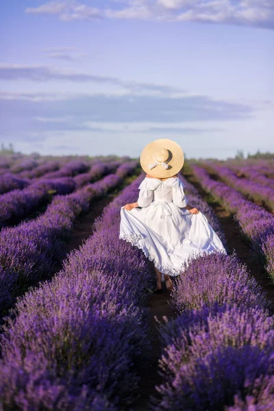 Meisje Een Lange Witte Jurk Loopt Een Veld Van Lavendel — Stockfoto