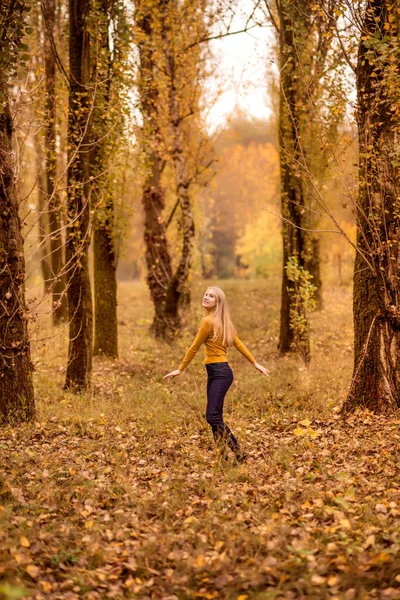 Menina Caminha Floresta Outono Uma Jovem Está Girando Contra Fundo — Fotografia de Stock
