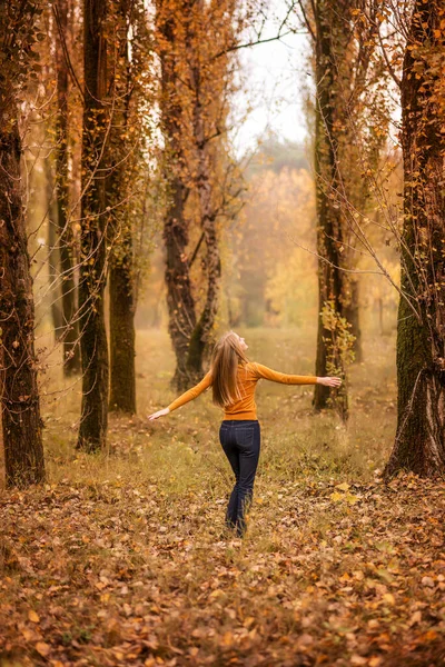 Menina Caminha Floresta Outono Uma Jovem Está Girando Contra Fundo — Fotografia de Stock