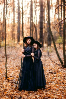 Sonbahar ormanında iki cadı. Siyah elbiseli anne ve kız..