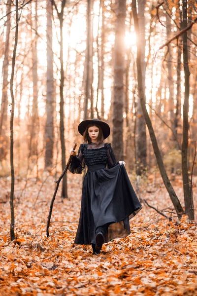 Dziewczyna Czarnej Sukience Spacery Jesiennym Lesie Czarownica Idzie Przez Las — Zdjęcie stockowe