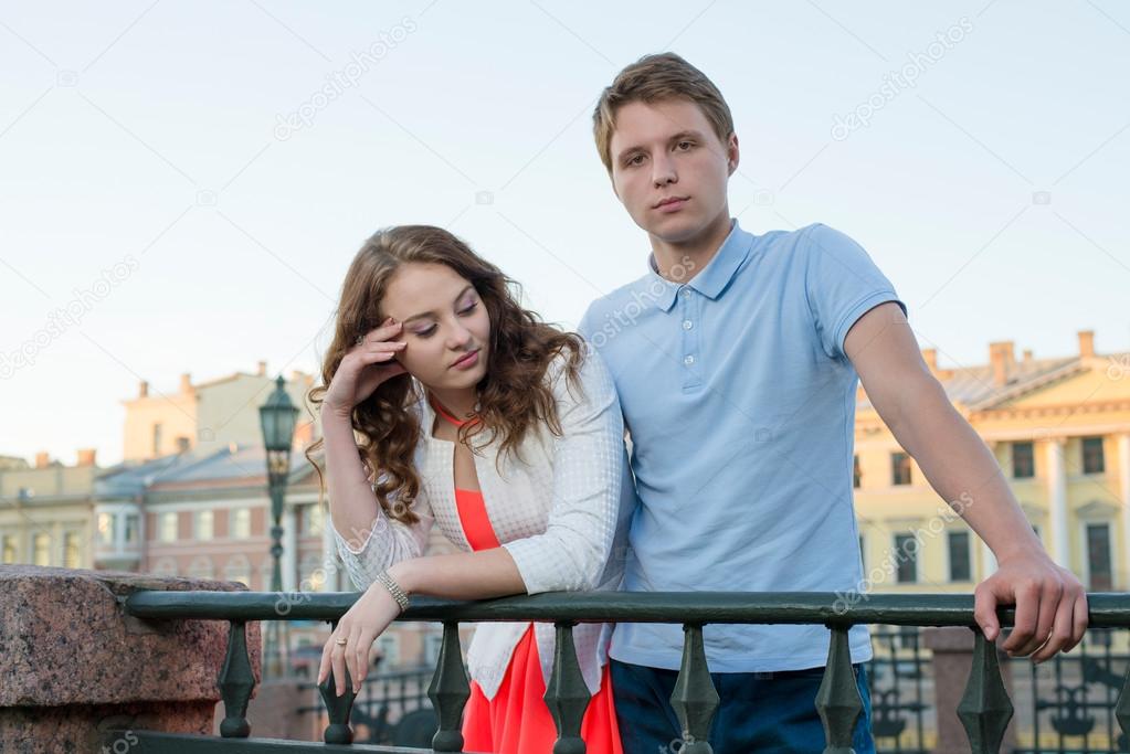 young couple quarrel outdoor.